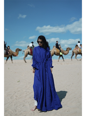 YIMIAN  亚麻复古禅修系绳不规则小众设计感收腰开衫连衣裙2087