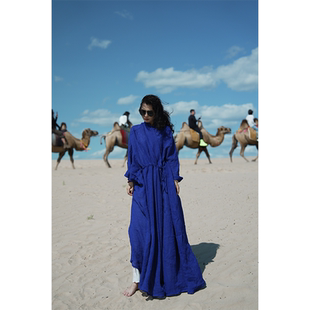 YIMIAN 连衣裙2087 亚麻复古禅修系绳不规则小众设计感收腰开衫