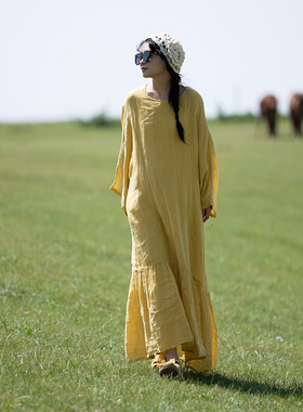 YIMIAN  优雅轻盈“如梦似幻”亚麻知性浪漫文艺气质连衣裙23675