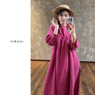 YIMIAN 圆领连衣裙23141 森系宫廷风亚麻风琴褶蕾丝刺绣花边袖