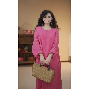 YIMIAN 2625763 褶皱亚麻松弛慵懒感宽松落肩鱼尾连衣裙