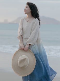YIMIAN 苎麻渐变撞色清新简约洋气遮肉连衣裙23401 仲夏晚风