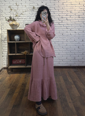YIMIAN亚麻撞色拼接半身裙
