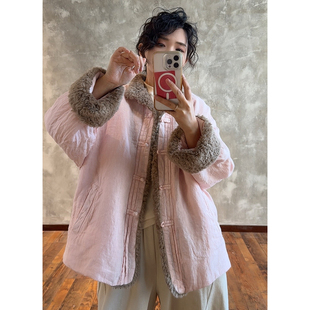 YIMIAN 盘扣撞色小众拼接毛领棉衣26810 浪漫时刻高端亚麻中式