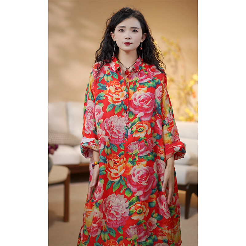 YIMIAN  东北风印花民族风衬衣领大版长款宽松落肩上衣26111