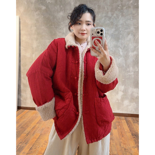 YIMIAN 冬日特调气质穿搭亚麻盘扣撞色拼接毛领舒适棉衣2625591