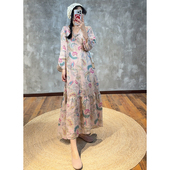 YIMIAN 时尚 出圈苎麻斜襟手工盘扣V领拼接压褶印花单层连衣裙2095