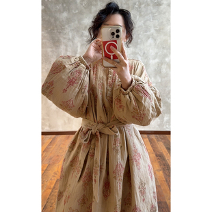 YIMIAN 圆领双层连衣裙290328 文艺调性复古高级感捏褶落肩灯笼袖