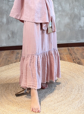 YIMIAN 气质简约亚麻撞色拼接小众手工绣线撕边褶皱半身裙26061
