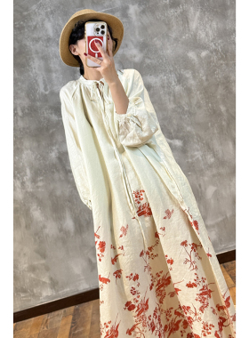 YIMIAN “凤栖梧桐”亚麻v领高定印花飘逸重工度假风连衣裙2105