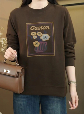 2026春季新款时尚圆领开叉卫衣女宽松印花遮肚显瘦减龄卫衣妈妈装