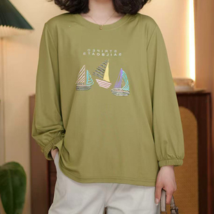 时尚 2026春季 小衫 一帆风顺印花长袖 宽松遮肚显瘦开叉女士上衣 新款