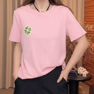 2026夏季 圆领纯色四叶草印花短袖 T恤潮流百搭显瘦短袖 上衣女 新款
