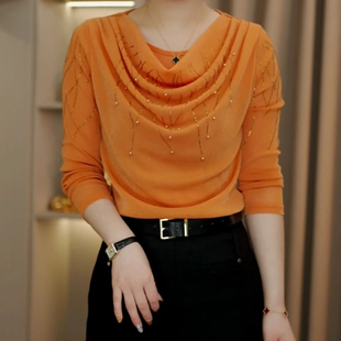 堆堆领钉珠烫钻网纱打底衫 时尚 气质百搭显瘦女士上衣 新款 2026春季