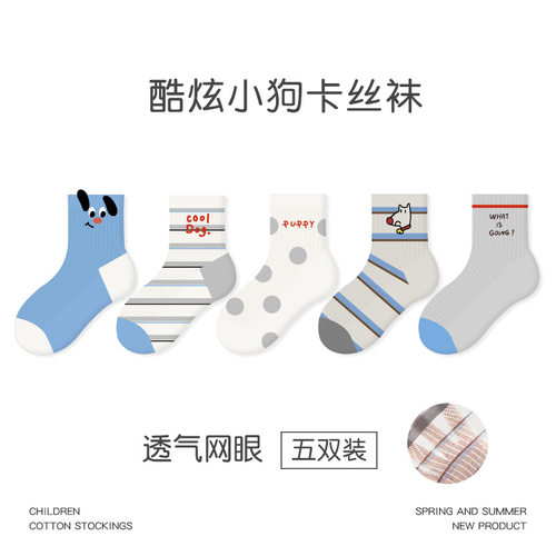5双装儿童袜子2026春夏超薄酷炫小狗网眼卡丝袜格子男童袜子