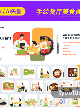 手绘卡通餐饮美食厨师餐厅外卖配送插图海报ai矢量设计素材255133