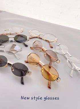 新款欧美金属老钱风复古太阳镜男女大脸显瘦防紫外线遮阳浅茶墨镜