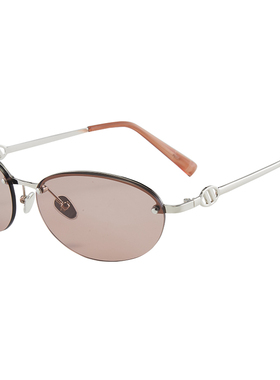 时髦金属椭圆半框茶色太阳镜男女Y2K新款高级感金属防紫外线墨镜