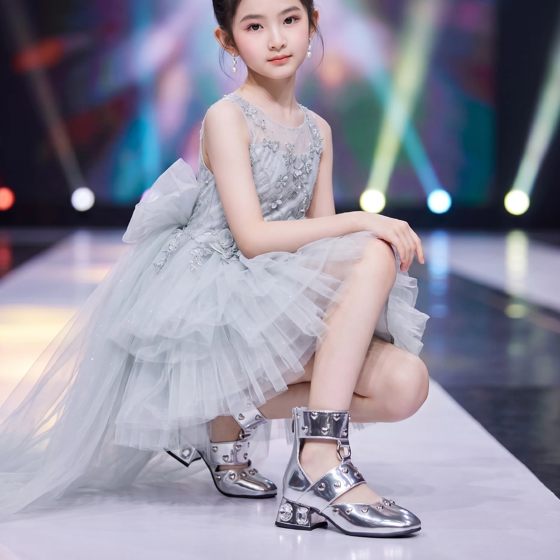 七彩心女童走秀高跟鞋浅口镂空玛丽珍亮面漆皮靴高帮舞台表演鞋
