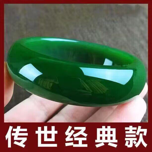 和田色玉手镯女款加宽加厚轮胎碧绿色玉手镯玉石女款霸气时尚珠宝