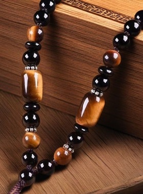 高档天然虎睛石吊坠项链男女手工编织玛瑙珠链玉佛平安扣挂脖珠链