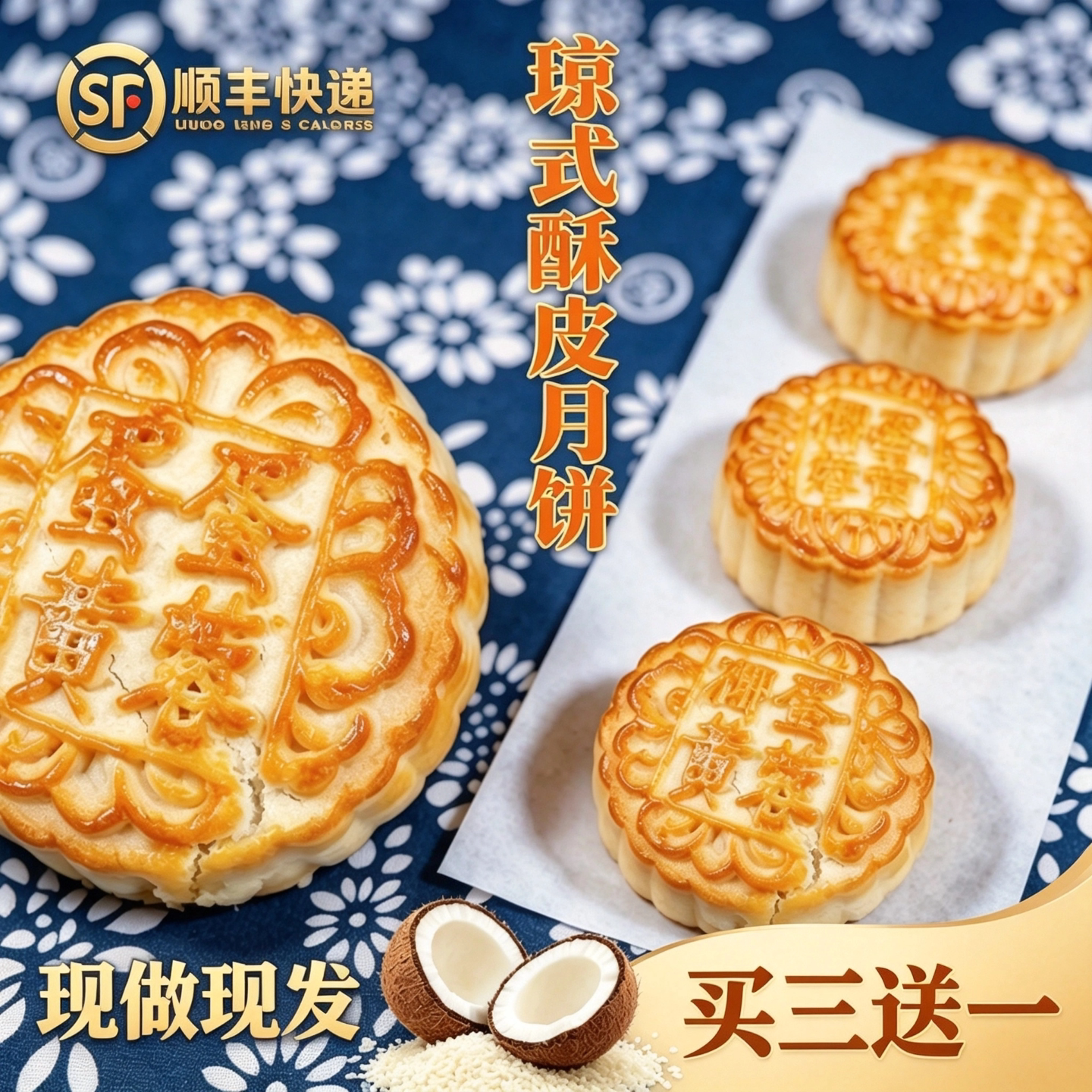 海南正宗琼式中秋酥皮莲蓉蛋黄月饼椰子蓉蛋黄五仁月饼现做包邮