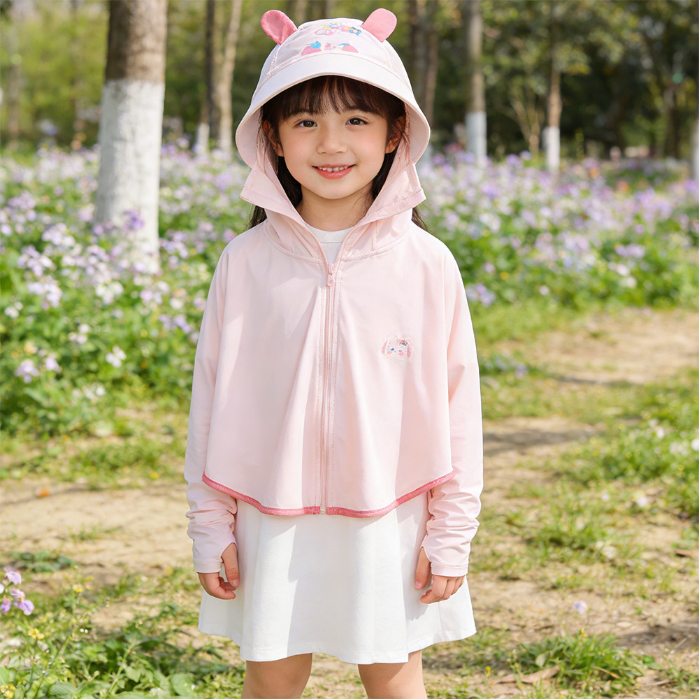 女童夏季长袖防晒衣连帽卡通宝宝户外防蚊斗篷宽松冰丝凉感儿童
