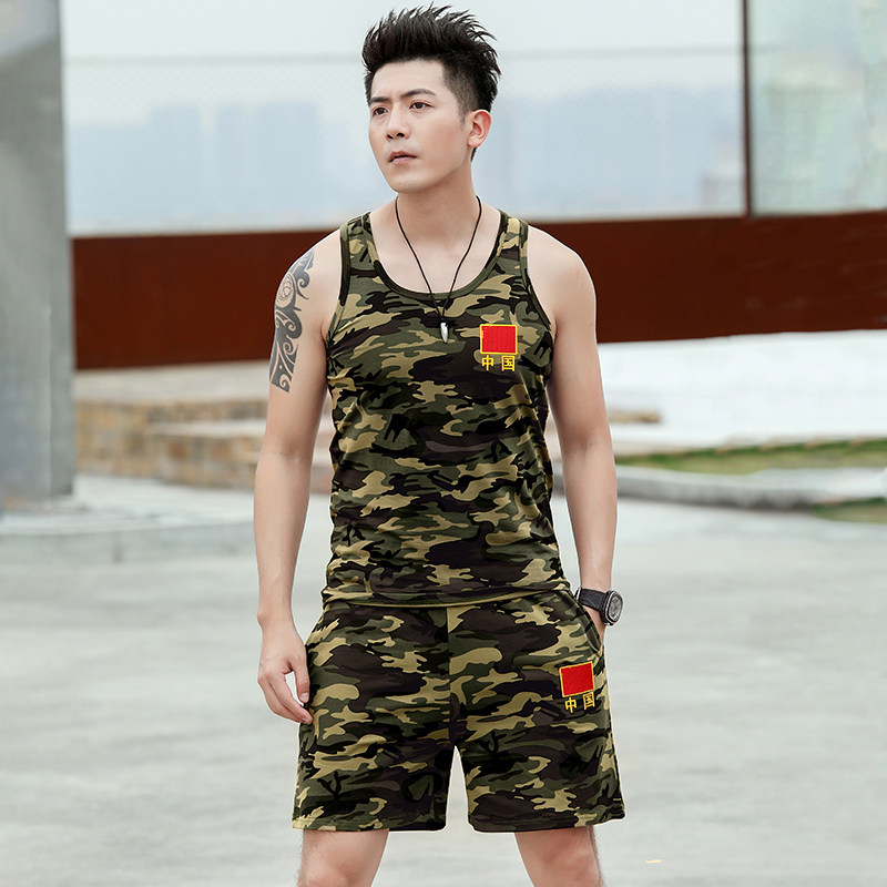 男士迷彩夏季背心套装健身训练服