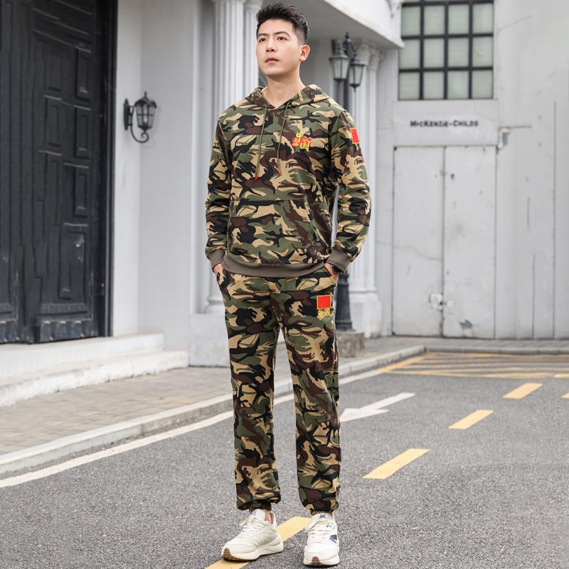 迷彩运动套装男秋连帽95%棉卫衣长裤两件套休闲刺绣中国红旗套装