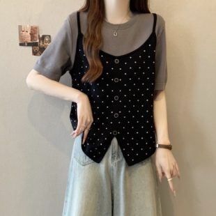 大码女装设计感假两件短袖T恤女夏季胖mm显瘦遮肚子波点吊带上衣
