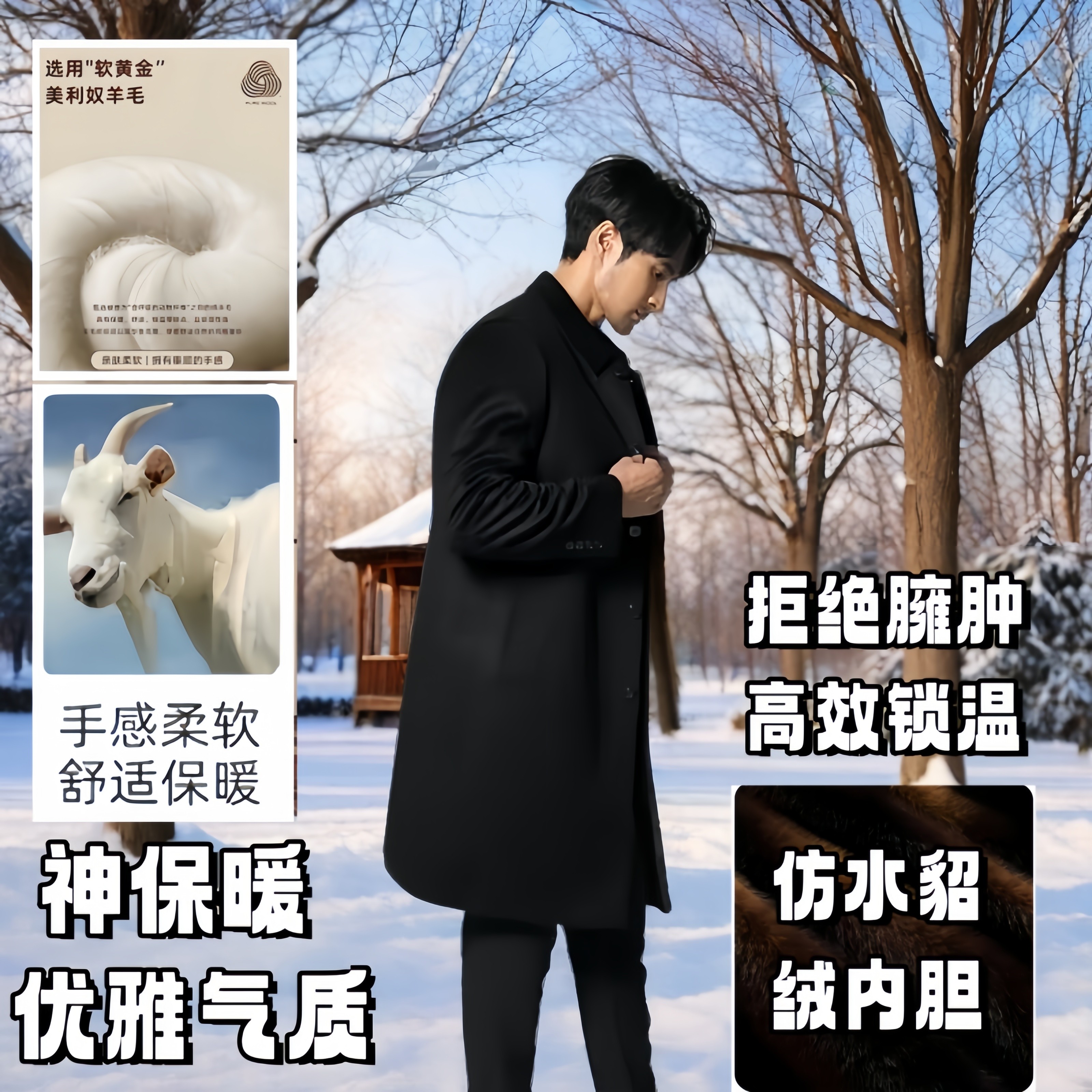 加厚加绒羊毛大衣厚款修身款仿水貂绒毛内胆中长羊毛呢子大衣正品