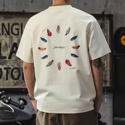 美式印花短袖t恤男2025新款日系宽松二本针体恤青少年圆领5分袖潮