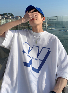 短袖t恤男士夏季潮牌设计感小众ins宽松白色重磅纯棉男生体恤衣服