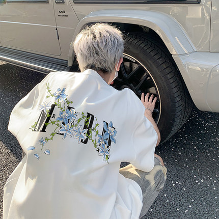 藤蔓花卉印花短袖t恤男士夏季2025新款重磅美式高街宽松纯棉半袖