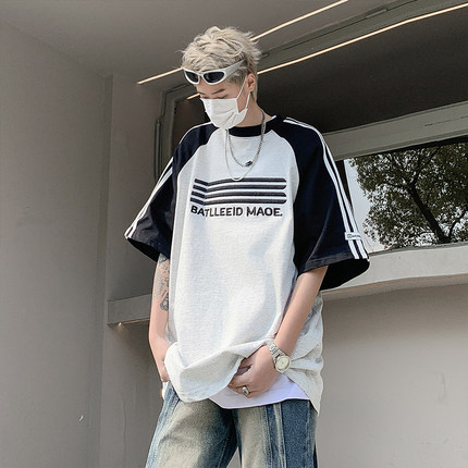 美式复古插肩T恤男生夏季2024新款潮流潮牌宽松情侣休闲百搭短袖