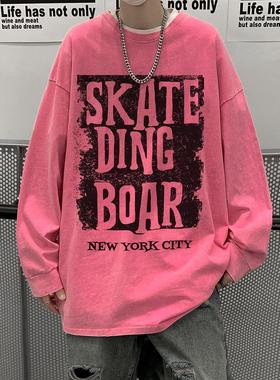 水洗做旧长袖t恤男秋季2023新款美式复古重磅潮牌印花卫衣打底衫