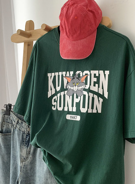 美式纯棉欧洲站墨绿色卡通字母印花短袖t恤男夏季宽松复古半袖T恤