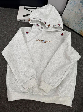 花灰色刺绣连帽卫衣男秋冬美式加绒重磅帽衫潮牌高街cleanfit外套