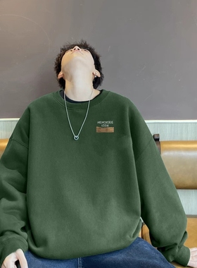 美式复古墨绿色无帽卫衣男款秋装上衣青少年潮牌大码即墨长袖t恤