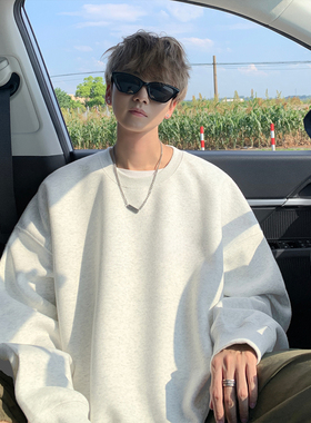 纯色圆领卫衣男士春秋季加绒加厚重磅潮牌美式无帽宽松外套帅潮牌