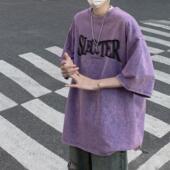 打底衫 美式 2024新款 重磅痞帅印花宽松半袖 复古水洗短袖 t恤男夏季