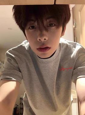 浅灰色小领口短袖夏季男款正肩美式复古cleanfit高街衣服男生t恤