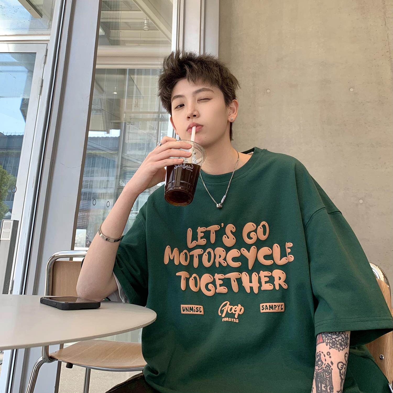 纯棉男t恤ins港风潮流宽松正肩上衣夏季男生短袖字母印花半袖体恤