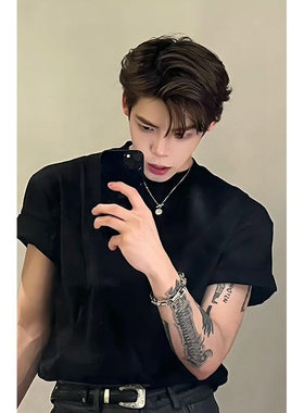 300g重磅小领口t恤男纯棉黑色cleanfit短袖痞帅高级感夏季半截袖