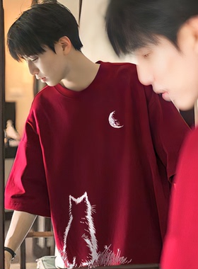 酒红色猫咪印花t恤男款夏季纯棉少年感穿搭重磅短袖内搭半袖体恤