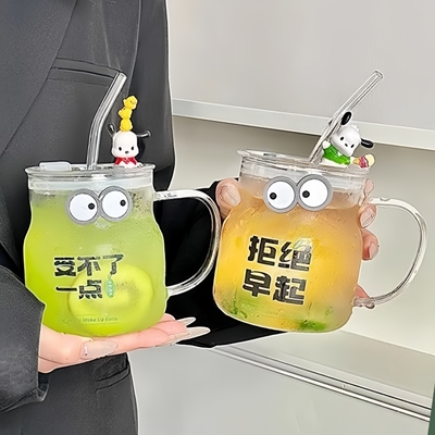 ins高硼硅带盖子摆烂小肚玻璃吸管杯把手杯高颜值办公室创意咖啡