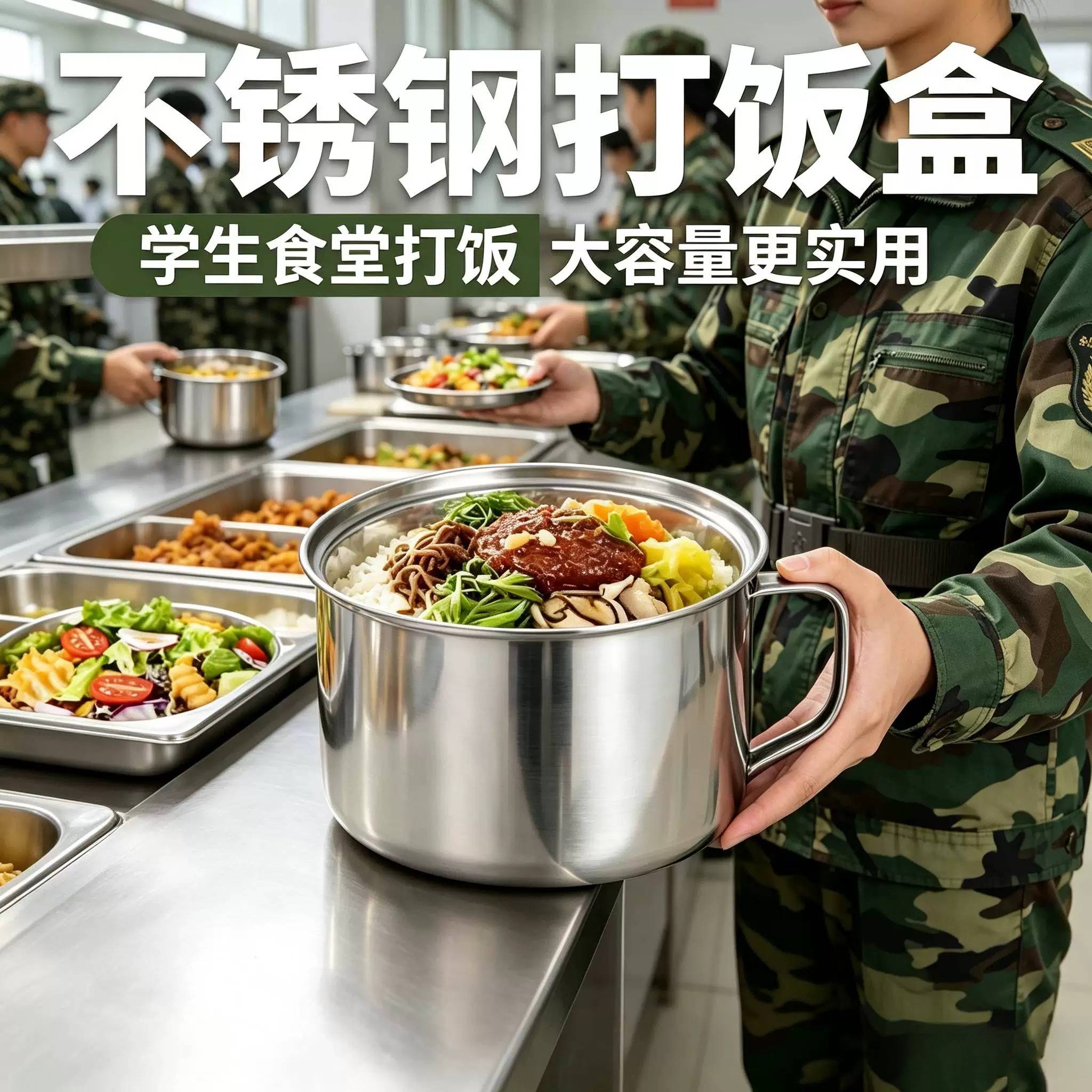 饭盒食堂打饭专用加厚不锈钢快餐杯饭缸大号快餐杯学生便当盒带盖