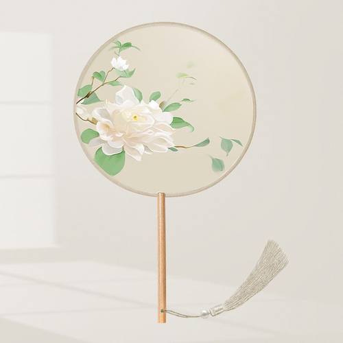 团扇古风扇子儿童夏天半透长柄舞蹈扇女童古装汉服旗袍刺绣小圆扇