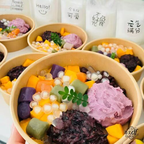 网红椰奶饱饱碗一次性纸质打包盒水果捞沙拉带盖便当圆形外卖盒