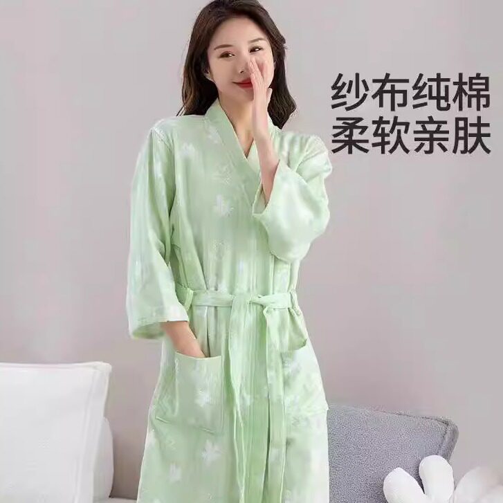 浴巾裹身可穿浴袍女式长袖棉纱布薄吸水长睡衣，全年穿成人